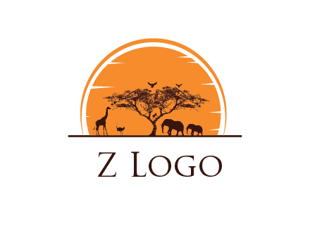 sun behind elephants and giraffe with tree