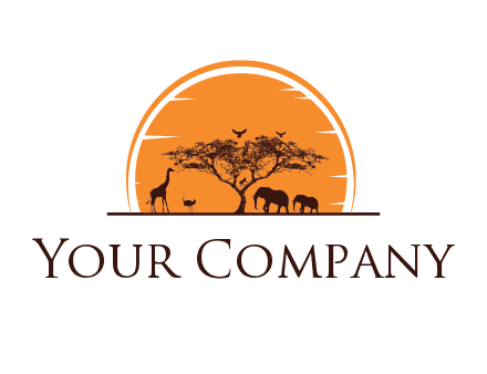 sun behind elephants and giraffe with tree
