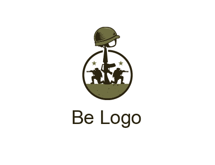 soldiers with star and gun with helmet in circle