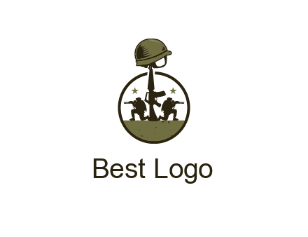 soldiers with star and gun with helmet in circle