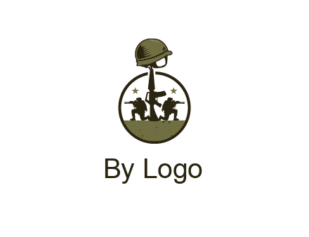 soldiers with star and gun with helmet in circle