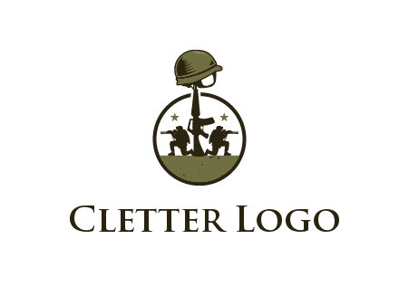 soldiers with star and gun with helmet in circle