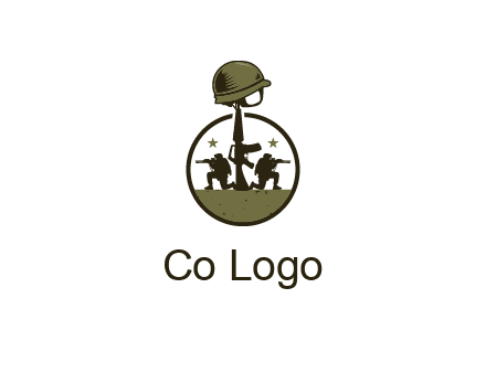 soldiers with star and gun with helmet in circle