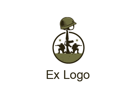soldiers with star and gun with helmet in circle