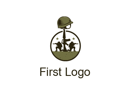 soldiers with star and gun with helmet in circle