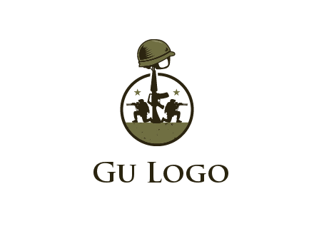 soldiers with star and gun with helmet in circle