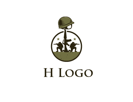 soldiers with star and gun with helmet in circle