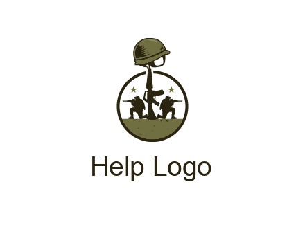 soldiers with star and gun with helmet in circle