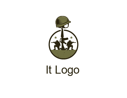 soldiers with star and gun with helmet in circle