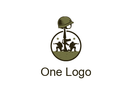 soldiers with star and gun with helmet in circle