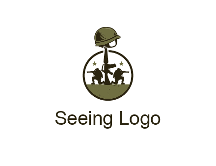 soldiers with star and gun with helmet in circle