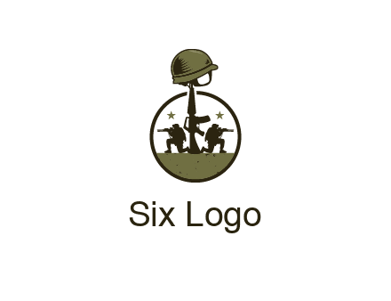 soldiers with star and gun with helmet in circle