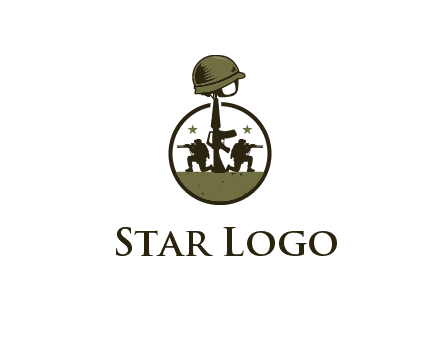 soldiers with star and gun with helmet in circle