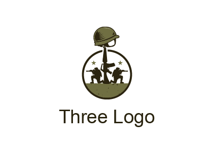 soldiers with star and gun with helmet in circle