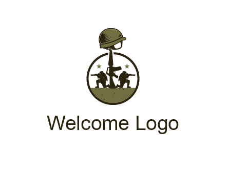 soldiers with star and gun with helmet in circle