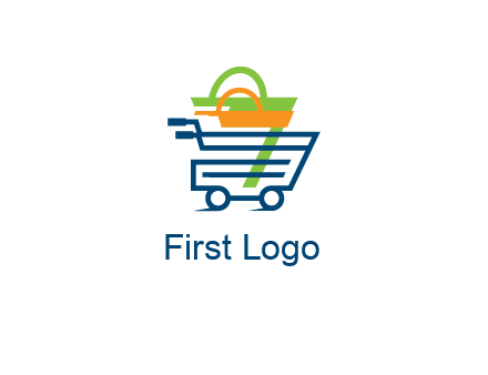 shopping bags in line art shopping cart