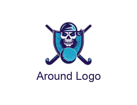 hockey stick behind skull wearing bandana and ball in shield