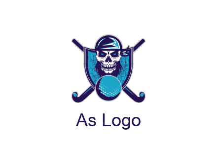 hockey stick behind skull wearing bandana and ball in shield