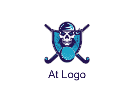 hockey stick behind skull wearing bandana and ball in shield