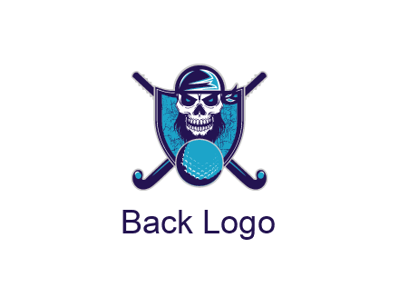 hockey stick behind skull wearing bandana and ball in shield