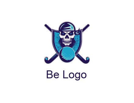 hockey stick behind skull wearing bandana and ball in shield