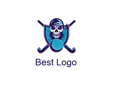 hockey stick behind skull wearing bandana and ball in shield