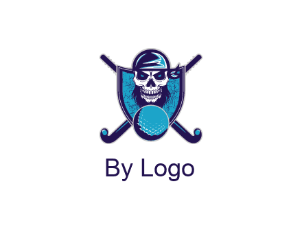 hockey stick behind skull wearing bandana and ball in shield