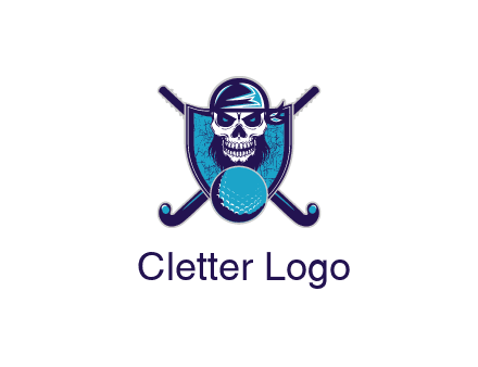 hockey stick behind skull wearing bandana and ball in shield