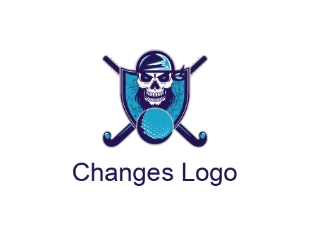hockey stick behind skull wearing bandana and ball in shield