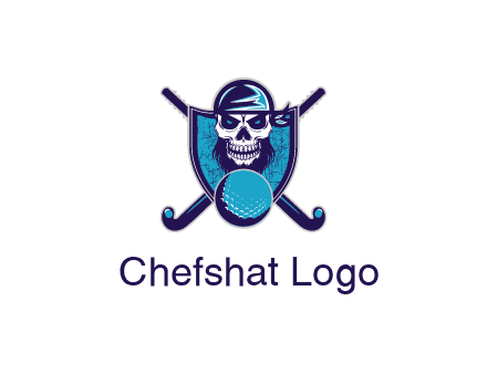 hockey stick behind skull wearing bandana and ball in shield