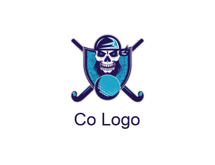 hockey stick behind skull wearing bandana and ball in shield