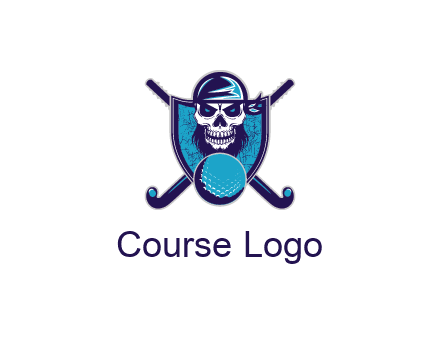 hockey stick behind skull wearing bandana and ball in shield