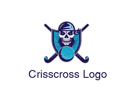 hockey stick behind skull wearing bandana and ball in shield