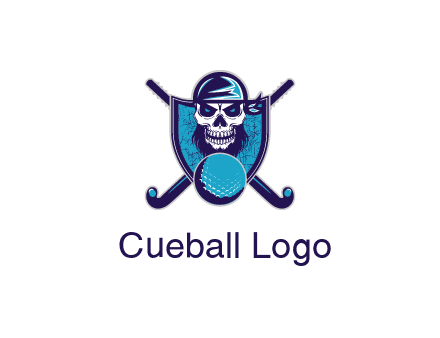 hockey stick behind skull wearing bandana and ball in shield