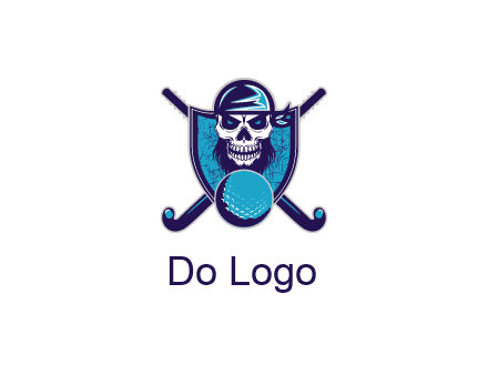 hockey stick behind skull wearing bandana and ball in shield