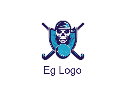 hockey stick behind skull wearing bandana and ball in shield