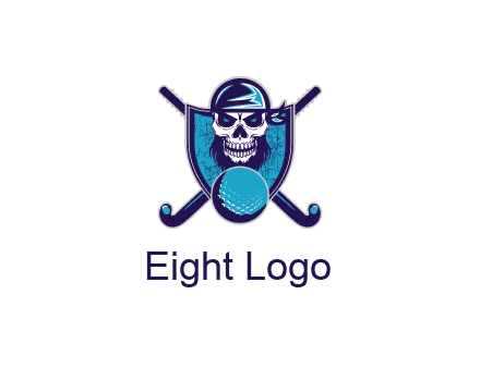 hockey stick behind skull wearing bandana and ball in shield