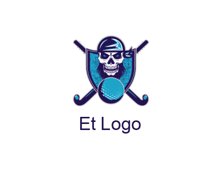 hockey stick behind skull wearing bandana and ball in shield