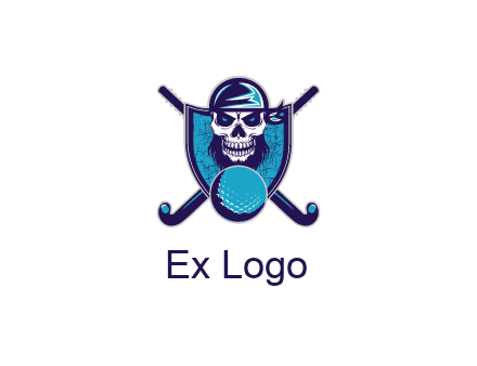 hockey stick behind skull wearing bandana and ball in shield