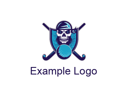 hockey stick behind skull wearing bandana and ball in shield
