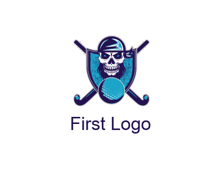 hockey stick behind skull wearing bandana and ball in shield
