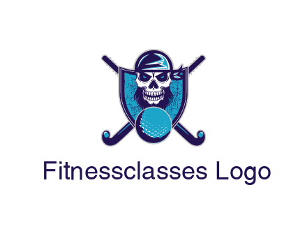 hockey stick behind skull wearing bandana and ball in shield