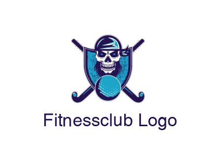 hockey stick behind skull wearing bandana and ball in shield