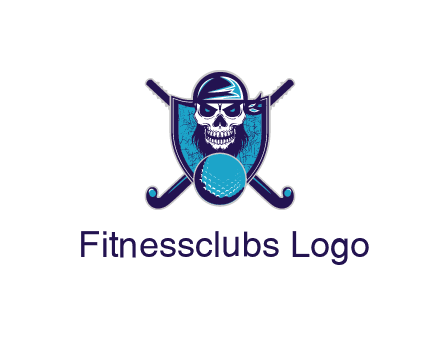 hockey stick behind skull wearing bandana and ball in shield