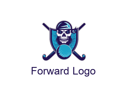 hockey stick behind skull wearing bandana and ball in shield