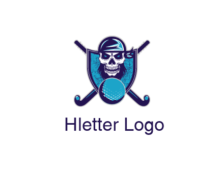 hockey stick behind skull wearing bandana and ball in shield