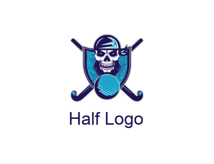 hockey stick behind skull wearing bandana and ball in shield