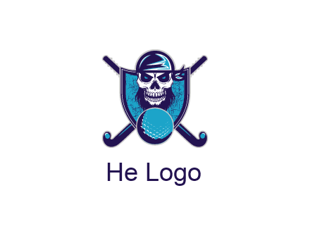 hockey stick behind skull wearing bandana and ball in shield