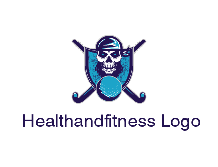 hockey stick behind skull wearing bandana and ball in shield