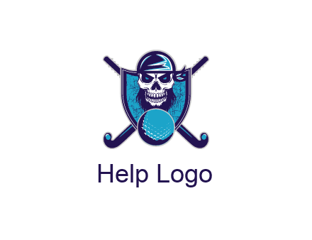 hockey stick behind skull wearing bandana and ball in shield